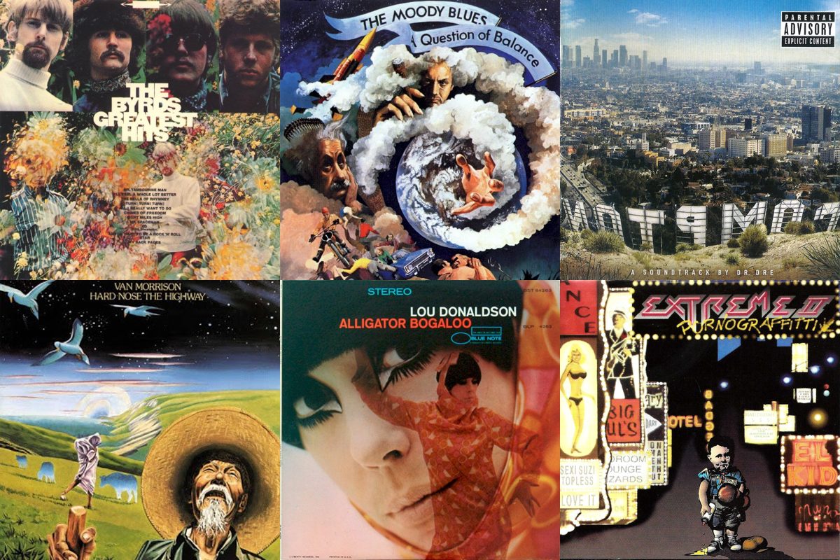 August 7th album covers: The Byrds' Greatest Hits, A Question Of Balance, Compton (A Soundtrack By Dr. Dre), Hard Nose The Highway, Alligator Bogaloo, Extreme II : Pornograffitti (A Funked Up Fairytale)