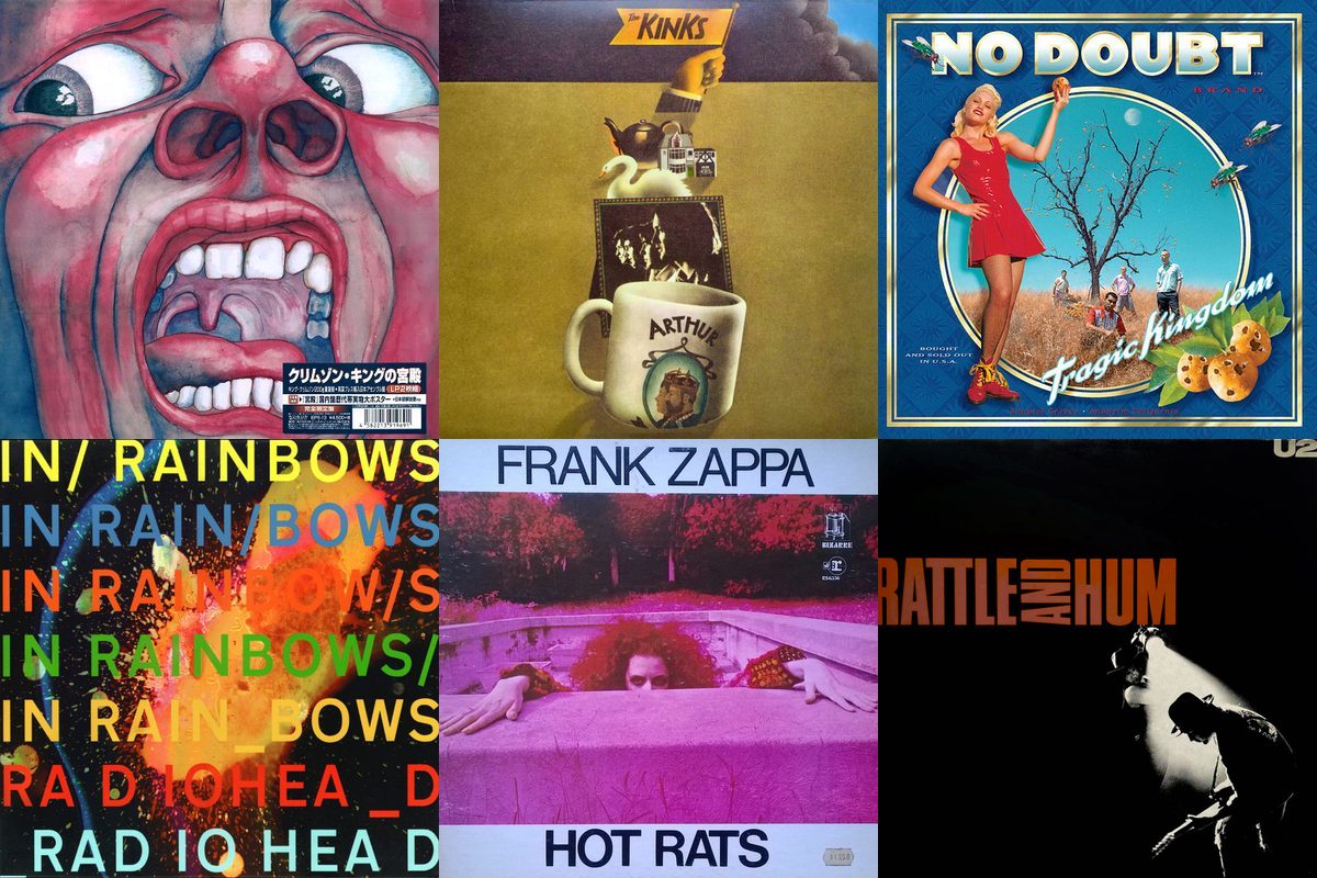 October 10th album covers: In The Court Of The Crimson King, Arthur Or The Decline And Fall Of The British Empire, Tragic Kingdom, In Rainbows, Hot Rats, Rattle And Hum