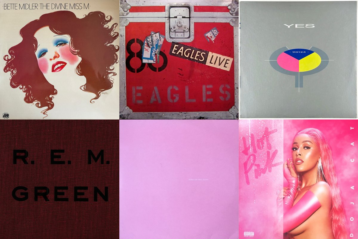 November 7th album covers: The Divine Miss M, Eagles Live, 90125, Green, Sunny Day Real Estate, Hot Pink