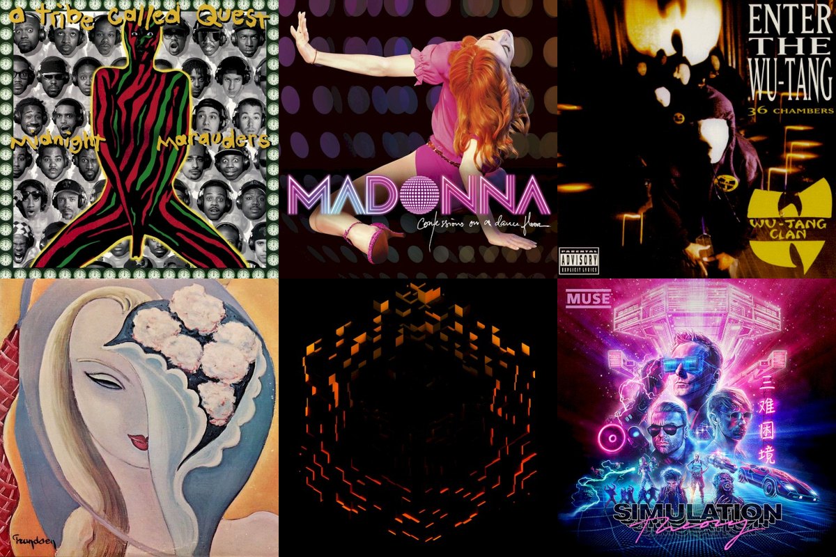 November 9th album covers: Midnight Marauders, Confessions On A Dance Floor, Enter The Wu-Tang (36 Chambers), Layla And Other Assorted Love Songs, Minecraft - Volume Beta, Simulation Theory