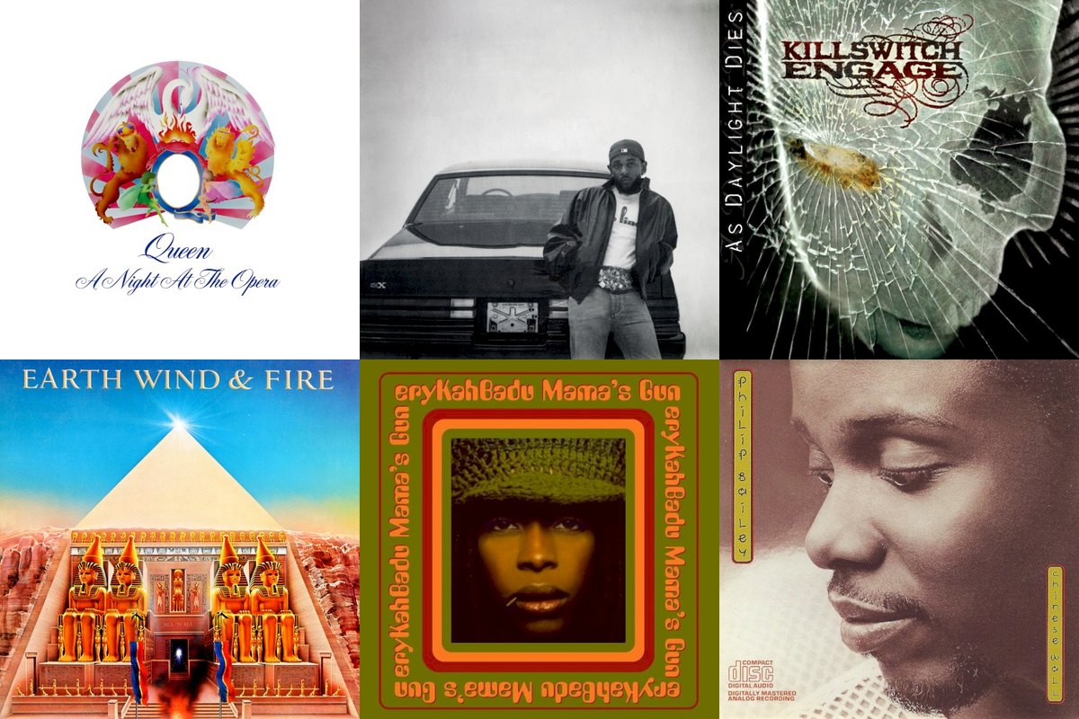 November 21st album covers: A Night At The Opera, GNX, As Daylight Dies, All 'N All, Mama's Gun, Chinese Wall