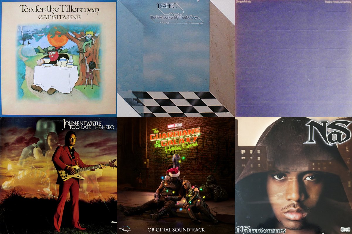November 23rd album covers: Tea For The Tillerman, The Low Spark Of High Heeled Boys, Real To Real Cacophony., Too Late The Hero, The Guardians Of The Galaxy Holiday Special (Original Soundtrack), Nastradamus