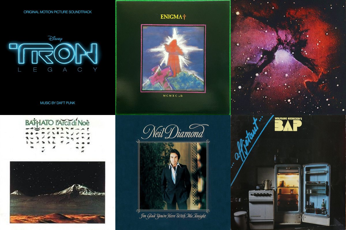 December 3rd album covers: TRON: Legacy (Original Motion Picture Soundtrack), MCMXC a.D., Islands, L'Arca Di Noè, I'm Glad You're Here With Me Tonight, Affjetaut