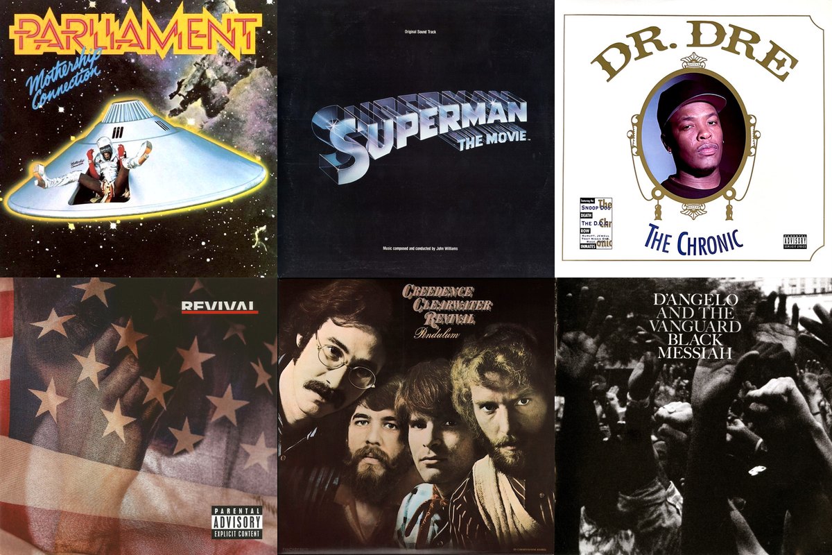December 15th album covers: Mothership Connection, Superman The Movie (Original Sound Track), The Chronic, Revival, Pendulum, Black Messiah
