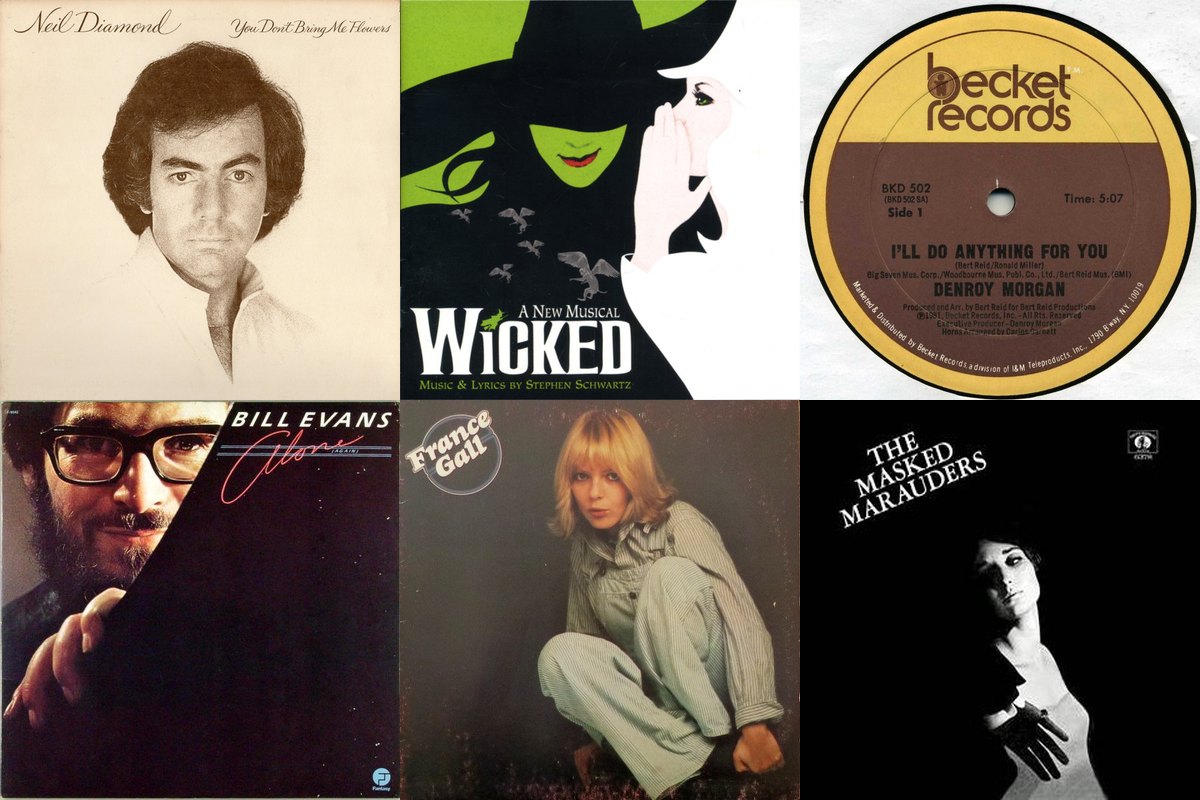 December 16th album covers: You Don't Bring Me Flowers, Wicked (Original Broadway Cast Recording), I'll Do Anything For You, Alone (Again), France Gall, The Masked Marauders