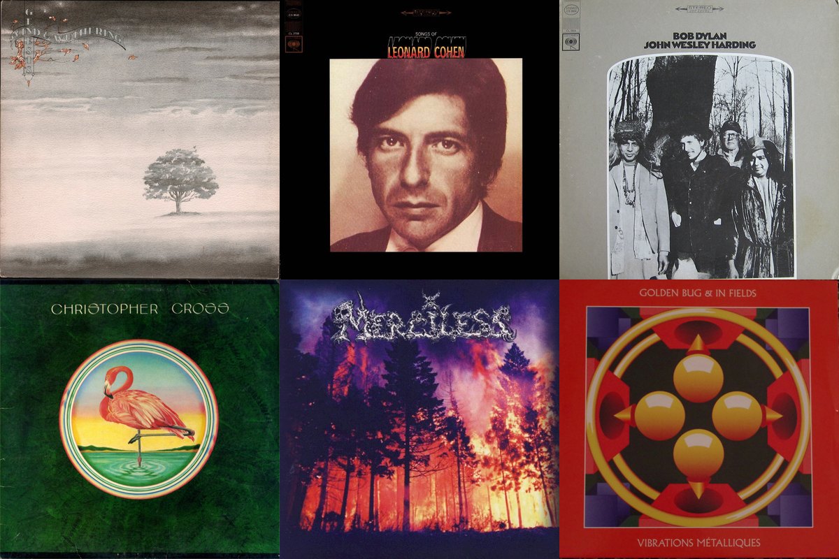 December 27th album covers: Wind & Wuthering, Songs Of Leonard Cohen, John Wesley Harding, Christopher Cross, Merciless, Vibrations Métalliques