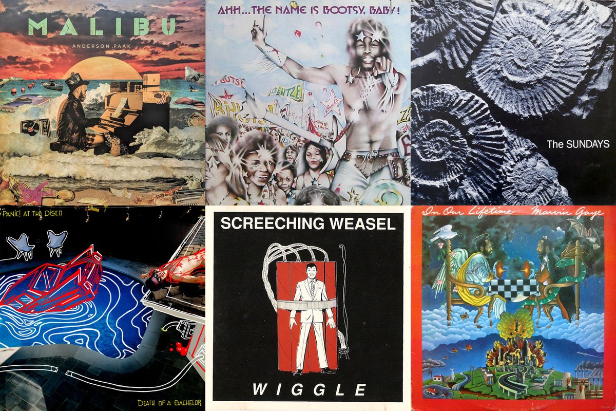 January 15th album covers: Malibu, Ahh...The Name Is Bootsy, Baby!, Reading, Writing And Arithmetic, Death Of A Bachelor, Wiggle, In Our Lifetime
