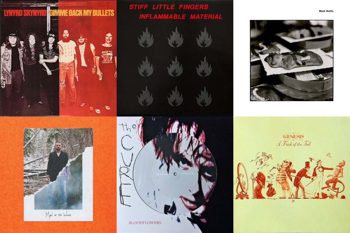 February 2nd album covers: Gimme Back My Bullets, Inflammable Material, Mark Hollis, Man Of The Woods, Bloodflowers, A Trick Of The Tail