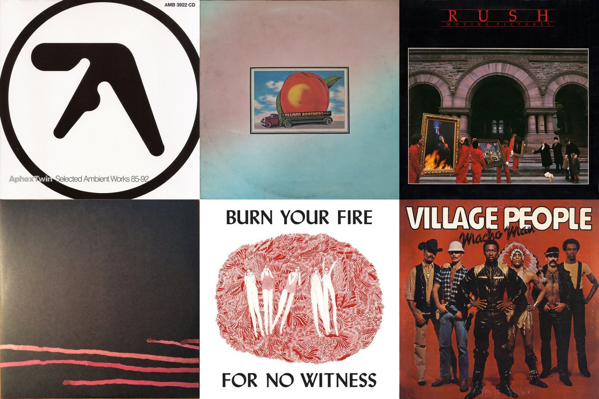 February 12th album covers: Selected Ambient Works 85-92, Eat A Peach, Moving Pictures, Bring Me Your Love, Burn Your Fire For No Witness, Macho Man