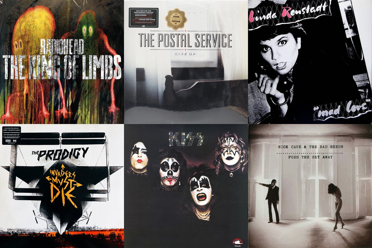 February 18th album covers: The King Of Limbs, Give Up, Mad Love, Invaders Must Die, Kiss, Push The Sky Away
