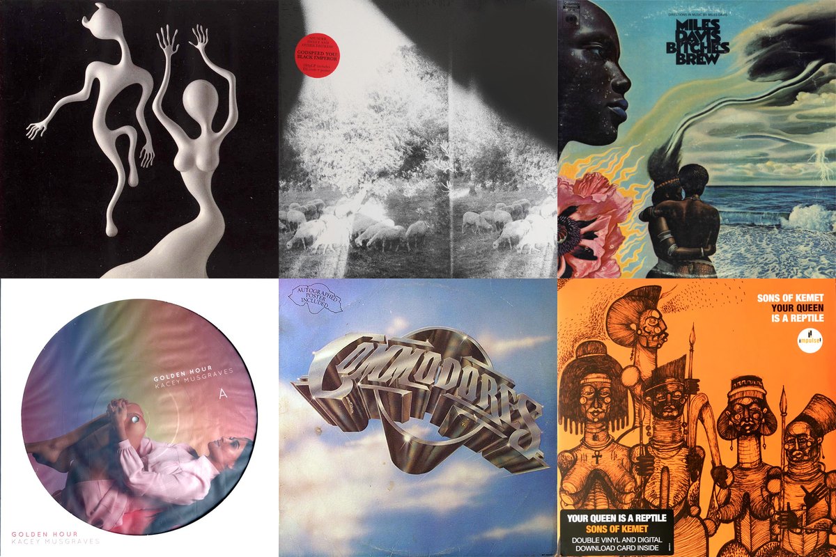 March 30th album covers: Lazer Guided Melodies, Asunder, Sweet And Other Distress, Bitches Brew, Golden Hour, Commodores, Your Queen Is A Reptile