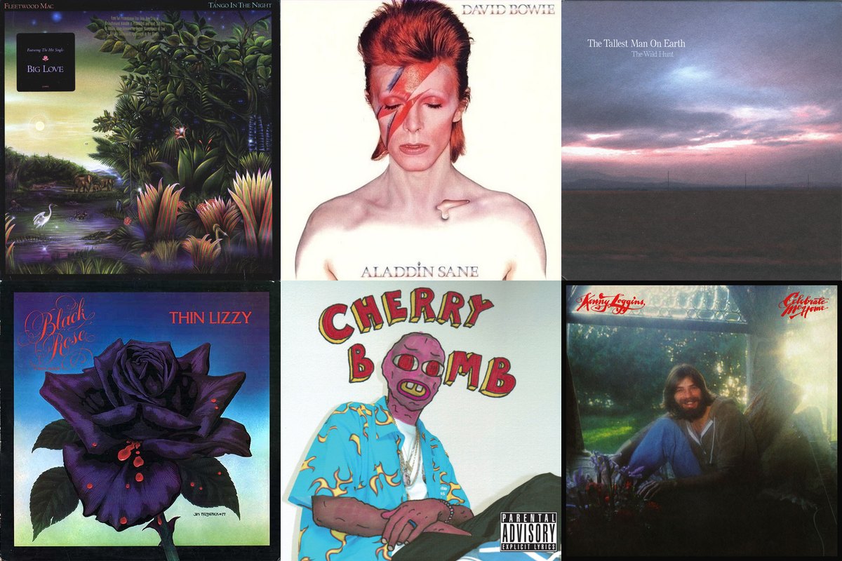 April 13th album covers: Tango In The Night, Aladdin Sane, The Wild Hunt, Black Rose (A Rock Legend), Cherry Bomb, Celebrate Me Home