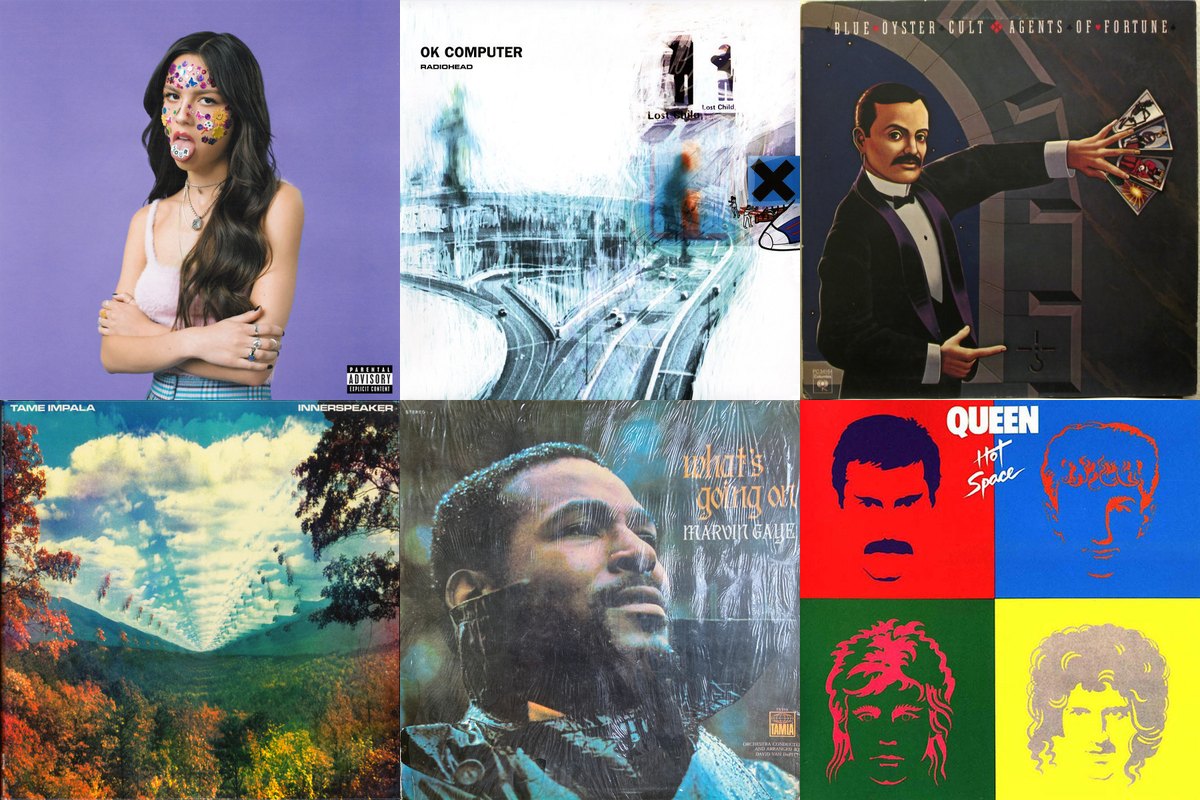 May 21st album covers: Sour, OK Computer, Agents Of Fortune, Innerspeaker, What's Going On, Hot Space