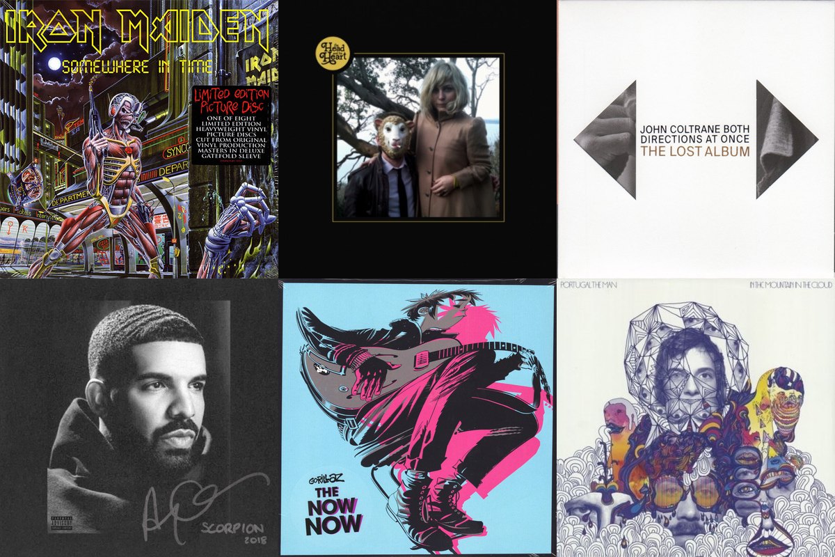 June 29th album covers: Somewhere In Time, The Head And The Heart, Both Directions At Once: The Lost Album, Scorpion, The Now Now, In The Mountain In The Cloud
