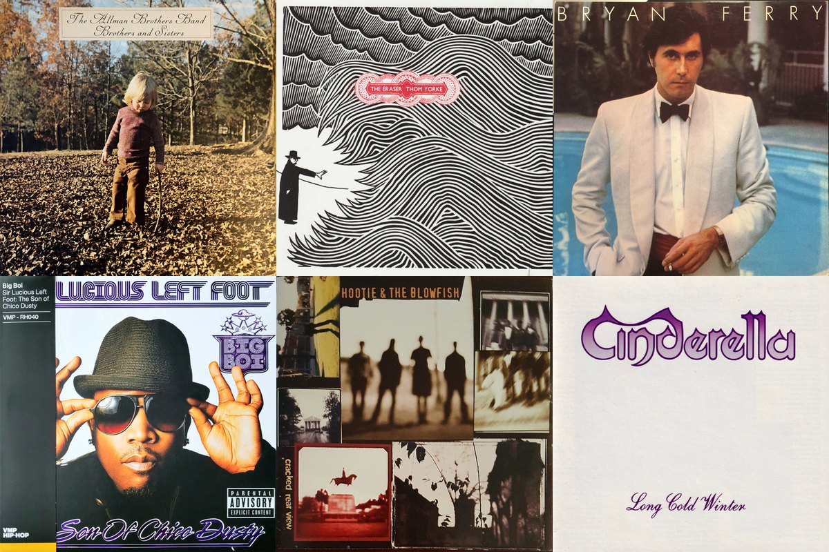July 5th album covers: Brothers And Sisters, The Eraser, Another Time, Another Place, Sir Lucious Left Foot... The Son Of Chico Dusty, Cracked Rear View, Long Cold Winter