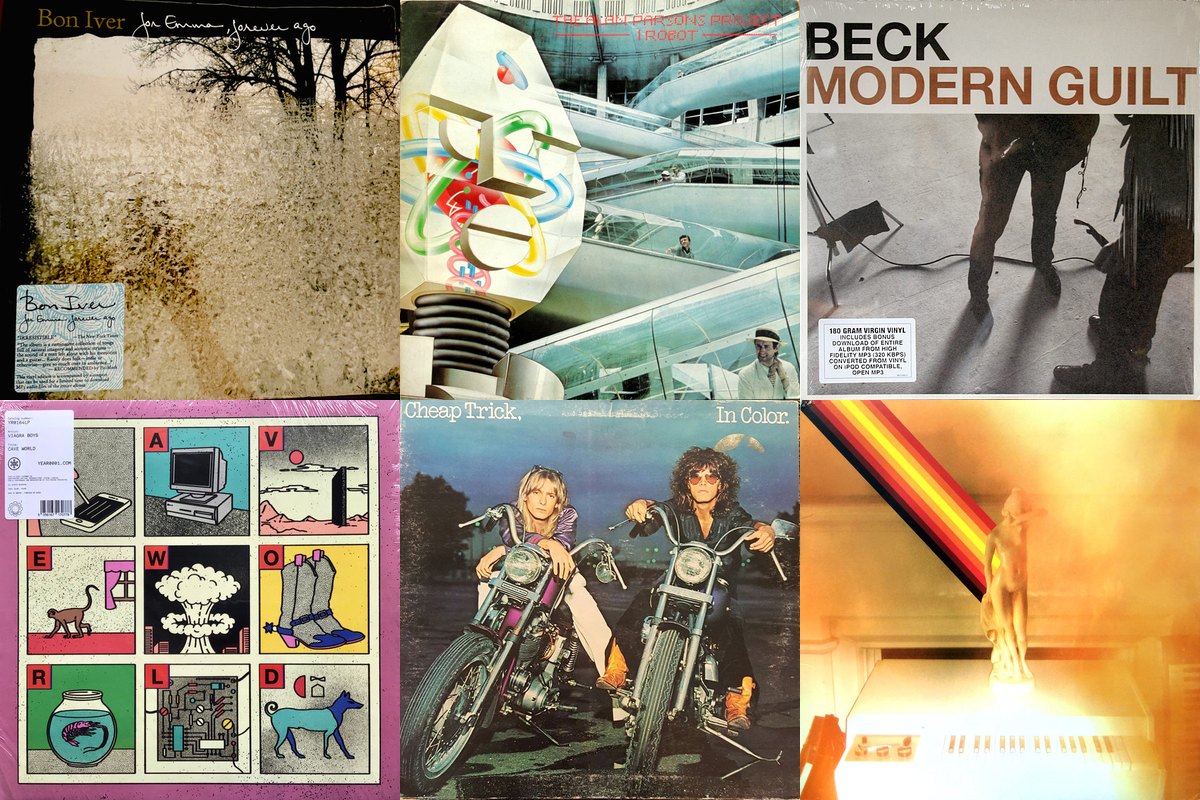 July 8th album covers: For Emma, Forever Ago, I Robot, Modern Guilt, Cave World, In Color, LP3