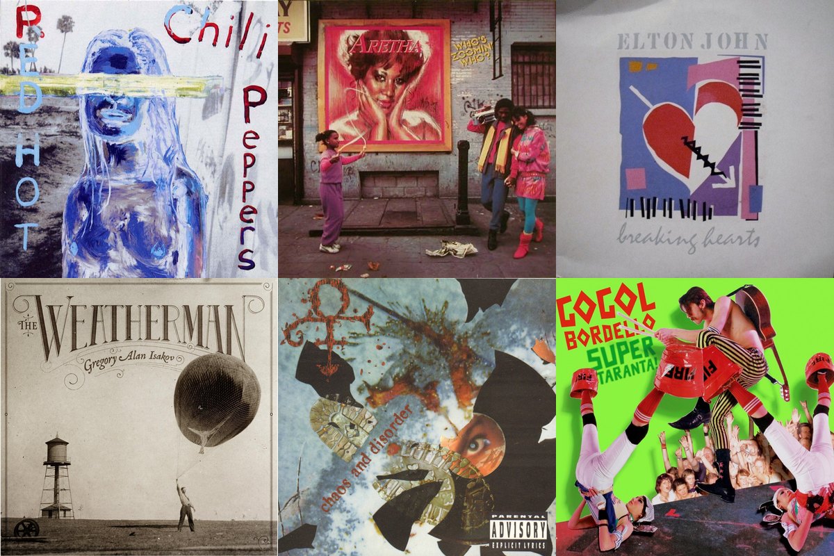 July 9th album covers: By The Way, Who's Zoomin' Who?, Breaking Hearts, The Weatherman, Chaos And Disorder, Super Taranta!