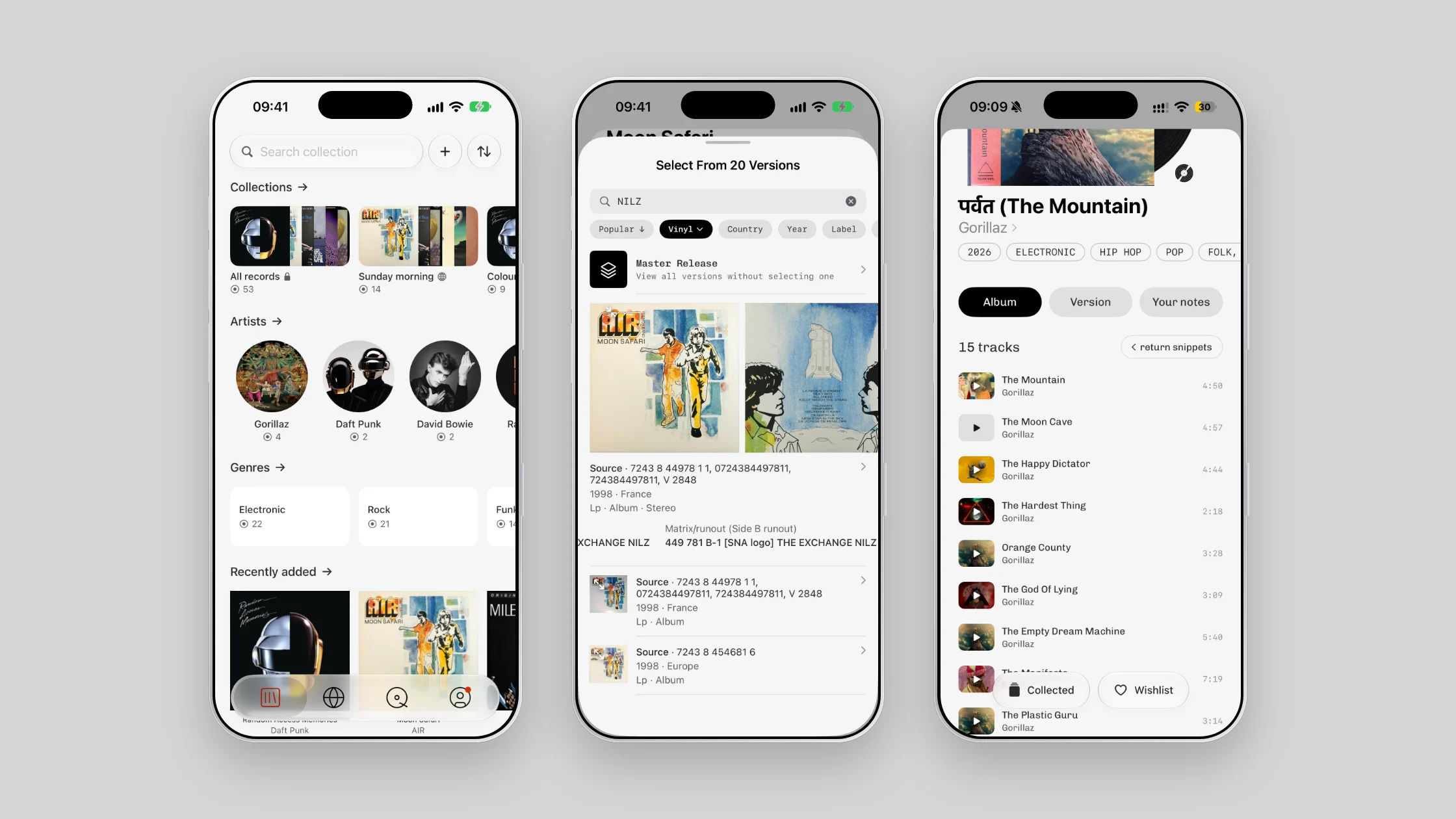 Plastic on three iPhones: a library with Collections, Artists and Genres; 20 versions of Moon Safari narrowed by the runout word NILZ; and Gorillaz's The Mountain with videos beside its tracks