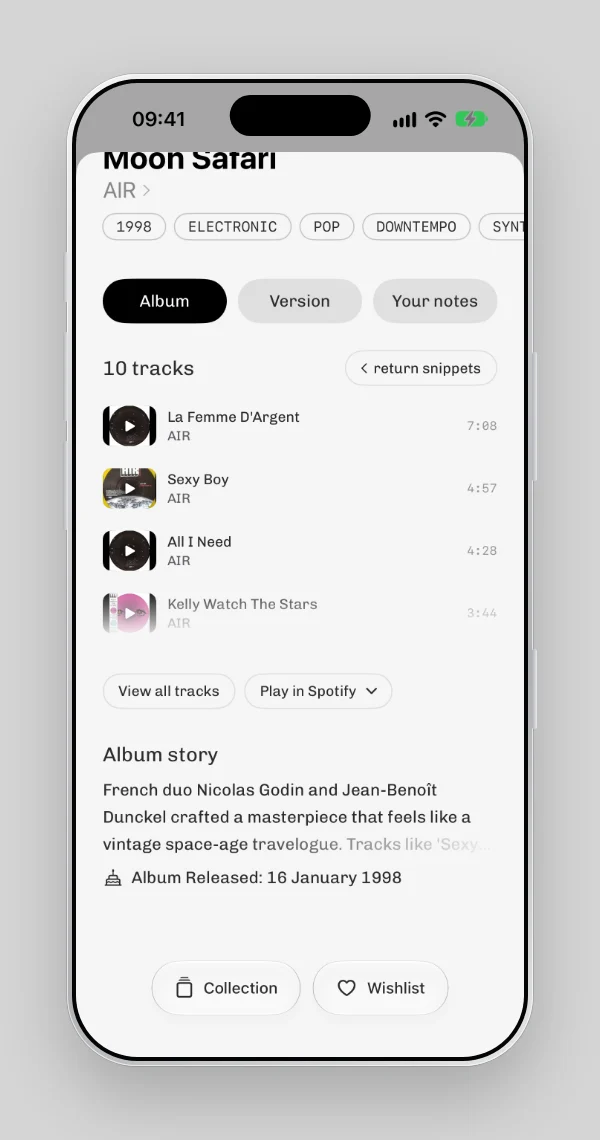 Moon Safari's album page: tracks with play buttons, and the album story below