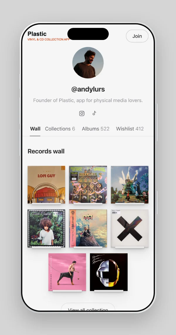 A public collection page on a phone: a wall of records with Collections, Albums and Wishlist tabs