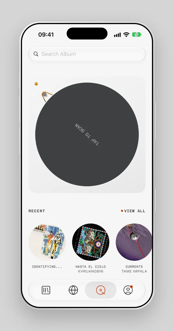 Plastic's scan screen: a turntable to tap, and a Recent row with one cover still being identified
