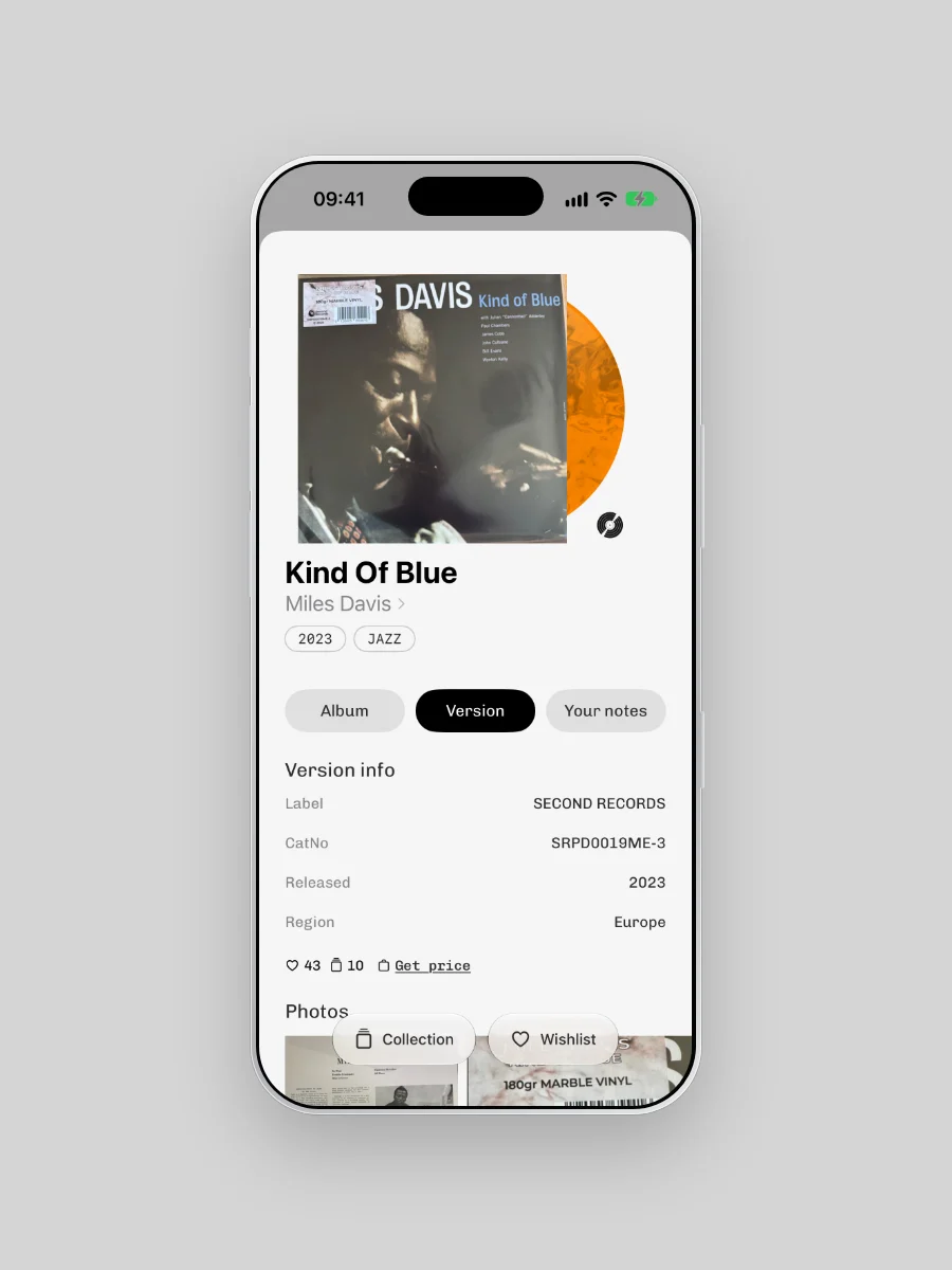 Plastic's album page on iPhone for the 2023 Second Records pressing of Miles Davis's Kind Of Blue, with the Version tab selected. An orange marbled record peeks out behind the sleeve. Version info: Label Second Records, CatNo SRPD0019ME-3, Released 2023, Region Europe.