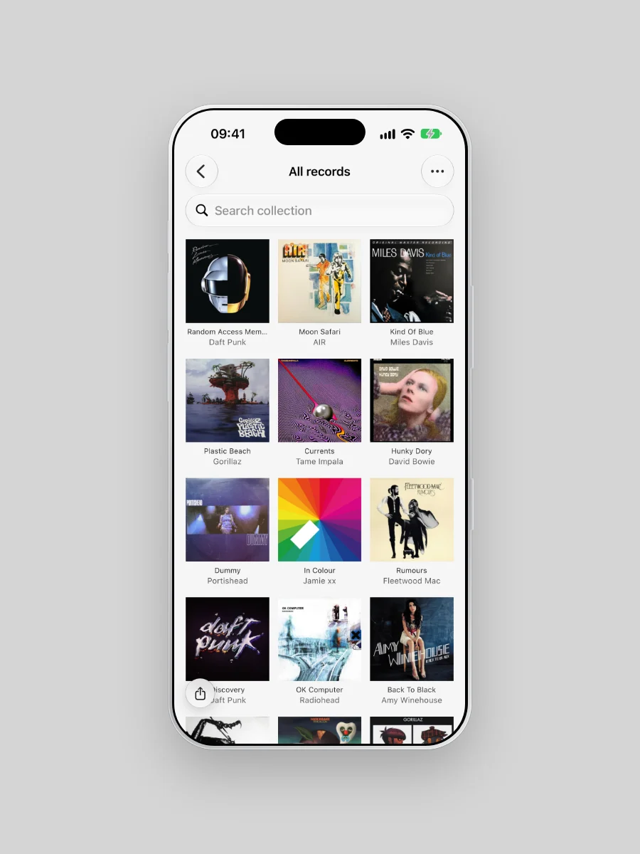 All records in Plastic on iPhone: a grid of real sleeves, starting with Daft Punk's Random Access Memories, AIR's Moon Safari, Miles Davis's Kind Of Blue, Gorillaz's Plastic Beach, Tame Impala's Currents and David Bowie's Hunky Dory.