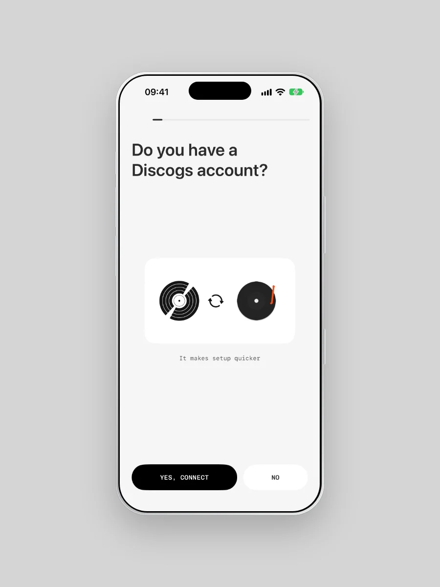 Plastic's onboarding on iPhone asking Do you have a Discogs account?, with the note It makes setup quicker and a Yes, connect button.