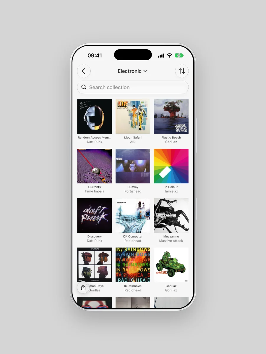 The Electronic genre in Plastic on iPhone: sleeves including Daft Punk's Random Access Memories and Discovery, AIR's Moon Safari, Gorillaz's Plastic Beach, Tame Impala's Currents, Portishead's Dummy, Jamie xx's In Colour and Radiohead's OK Computer.