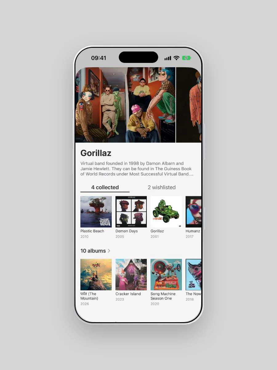 Gorillaz's artist page in Plastic on iPhone: a band photo, a short bio, tabs reading 4 collected and 2 wishlisted over Plastic Beach, Demon Days, Gorillaz and Humanz, then a row headed 10 albums.