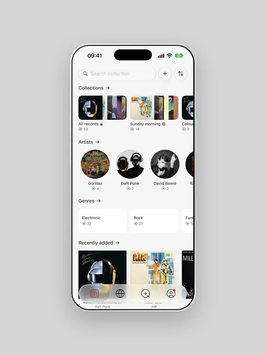 Plastic's Library on iPhone, filled with a demo collection of real records: a Collections row with All records 53, Sunday morning 14 and Coloured vinyl 9, an Artists row with Gorillaz, Daft Punk and David Bowie, a Genres row with Electronic 22 and Rock 21, and Recently added.