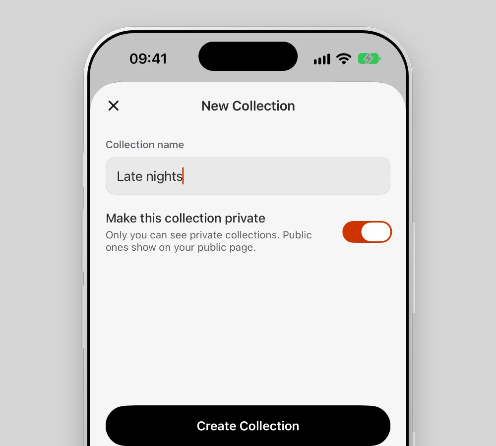 Close-up of Plastic's New Collection sheet on iPhone: the name Late nights typed in, a switch to make the collection private, the note Only you can see private collections. Public ones show on your public page, and a Create Collection button.