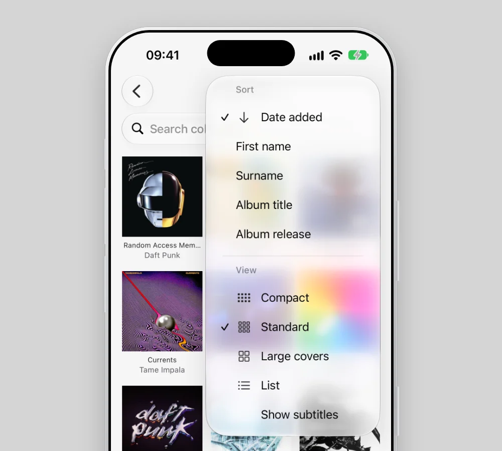 Close-up of Plastic on iPhone with the sort menu open over a grid of sleeves: sort by Date added, First name, Surname, Album title or Album release, and view as Compact, Standard, Large covers or List.
