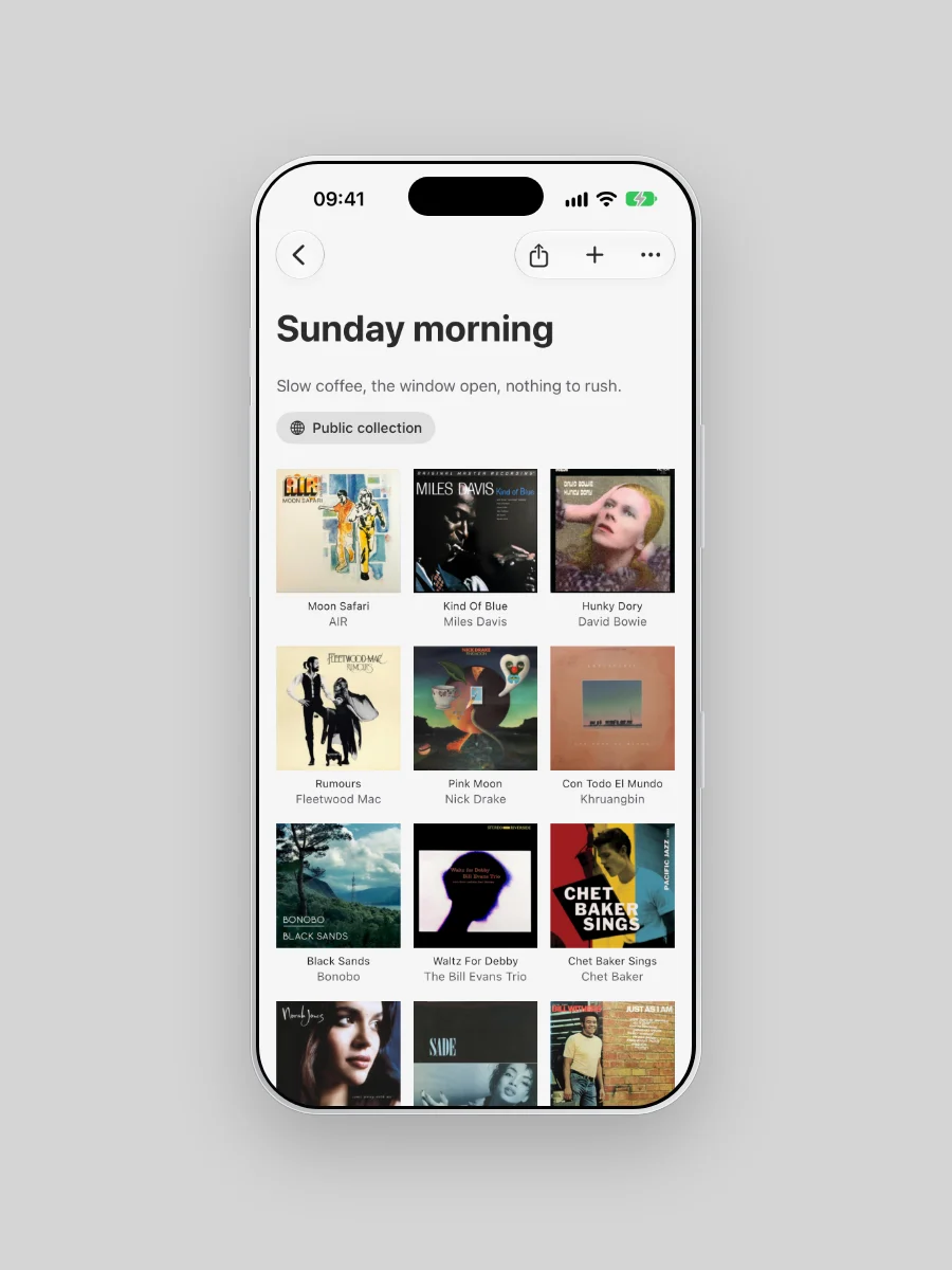A Collection called Sunday morning in Plastic on iPhone, with the note Slow coffee, the window open, nothing to rush, a Public collection label, and sleeves including AIR's Moon Safari, Miles Davis's Kind Of Blue, David Bowie's Hunky Dory and Fleetwood Mac's Rumours.