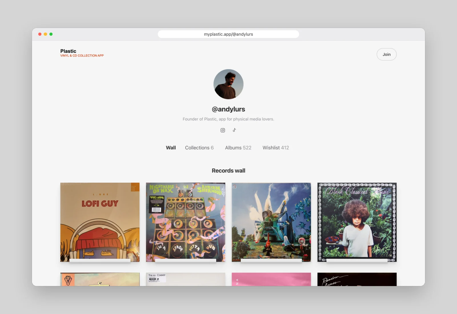 An example Plastic public page in a desktop browser: a profile photo and a short bio, the tabs Wall, Collections, Albums and Wishlist, and a records wall of sleeves.