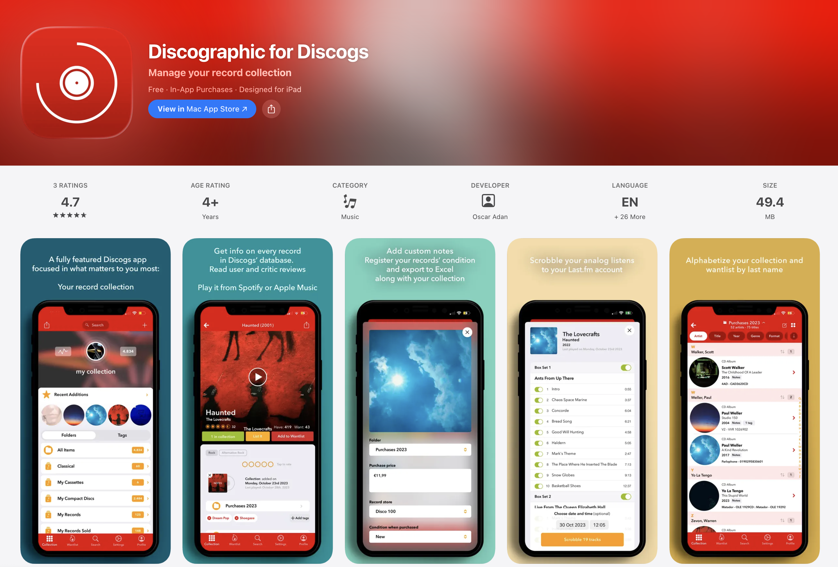 Discographic's App Store page showing collection tools, condition notes, export and surname sorting