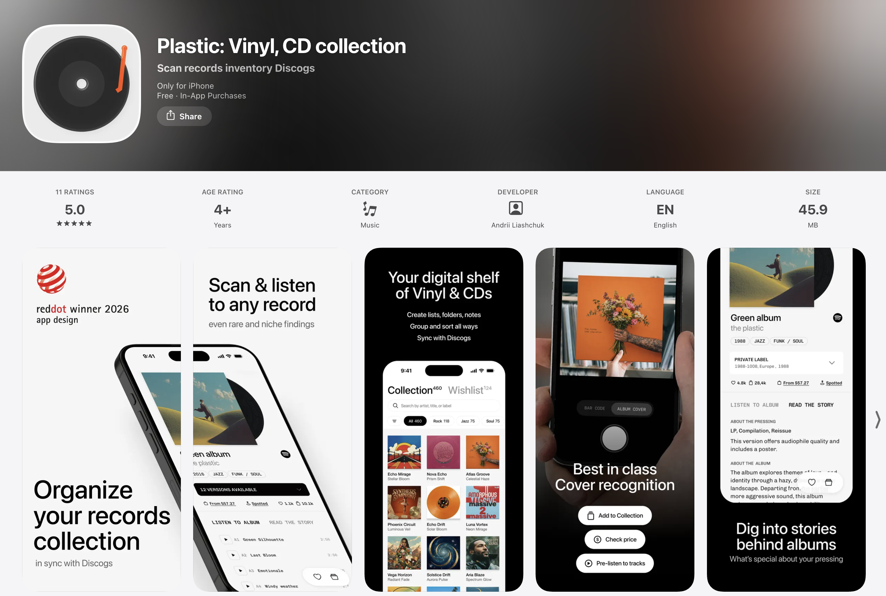 Plastic's App Store page showing scanning, collection and album stories
