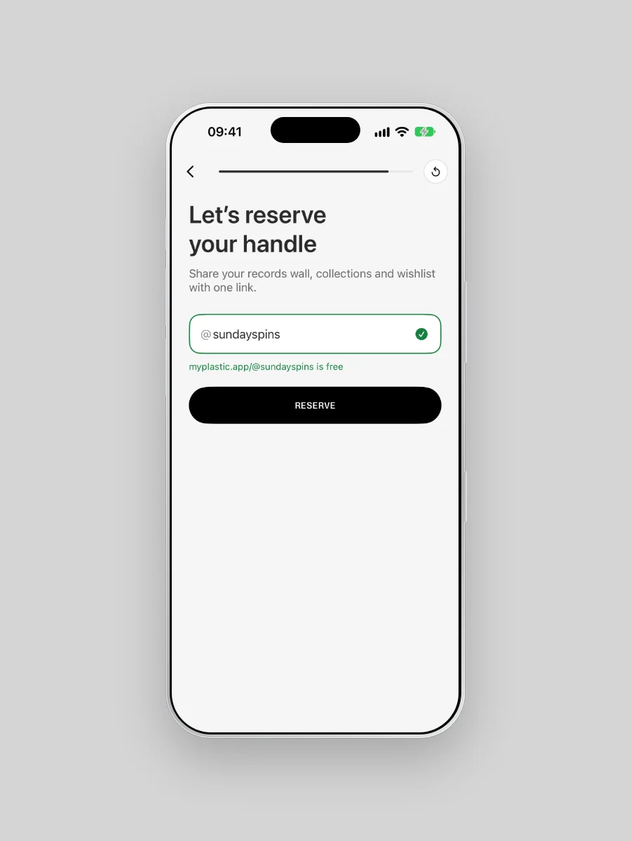 Plastic on iPhone: the Let's reserve your handle screen, with the example handle @sundayspins typed in and a Reserve button.