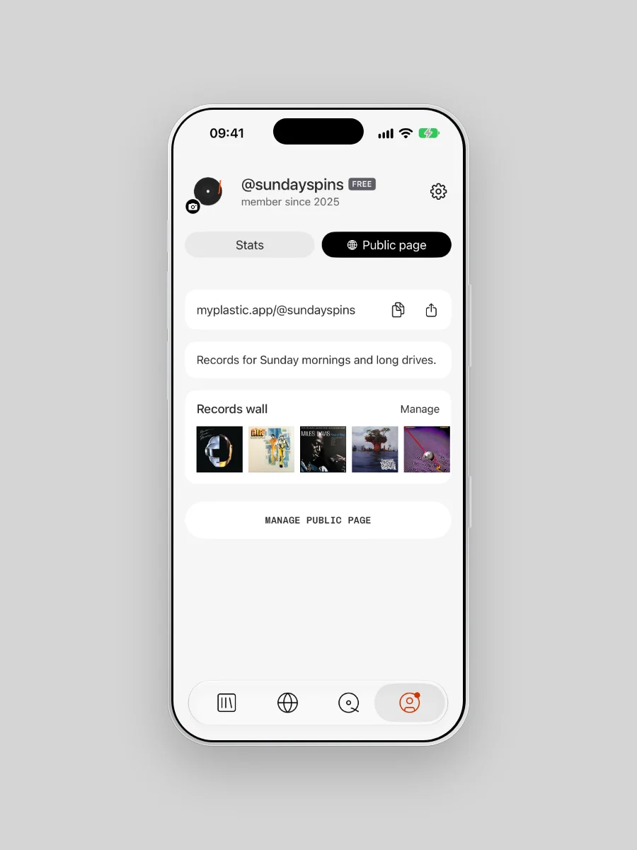 Plastic's Profile on iPhone with Public page selected for the example handle @sundayspins: the link myplastic.app/@sundayspins, a one-line bio, a Records wall of real sleeves and a Manage public page button.