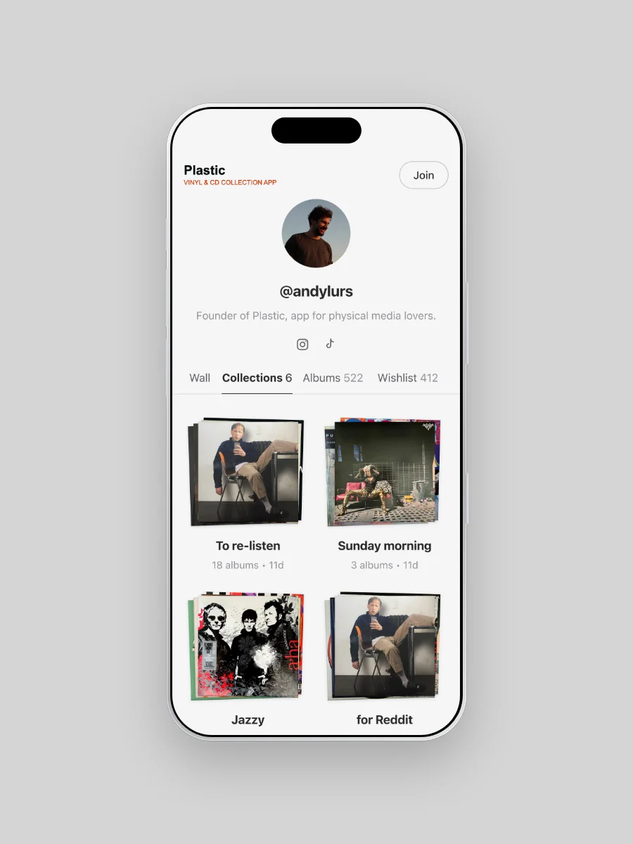 The Collections tab of an example public page on a phone: four Collections, each shown as a small stack of sleeves.