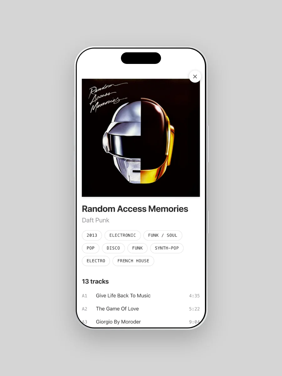 A record opened from the example page's wall: Daft Punk, Random Access Memories, 2013, with genre tags and the start of its 13-track tracklist.