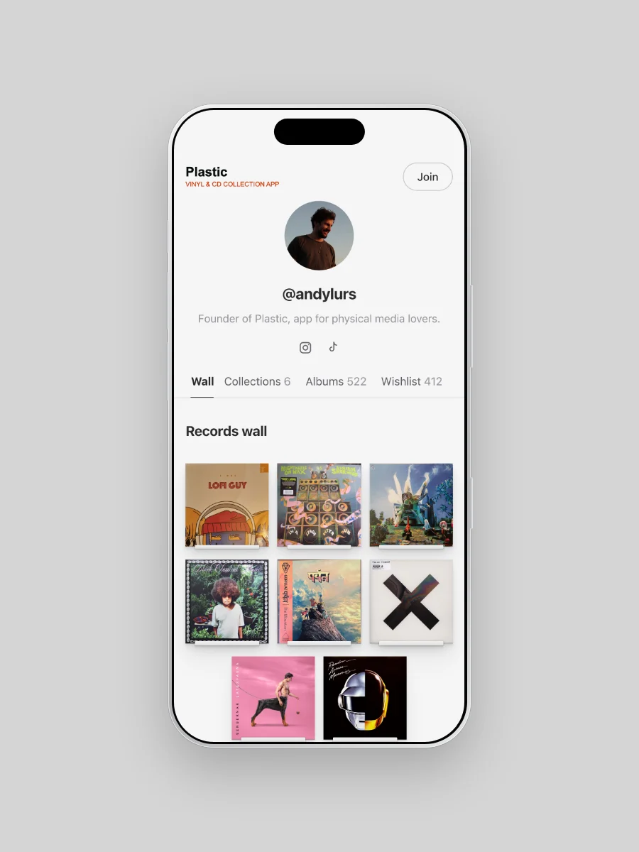 An example Plastic public page on a phone: a profile photo, a short bio, the tabs Wall, Collections, Albums and Wishlist, and a wall of eight record sleeves.