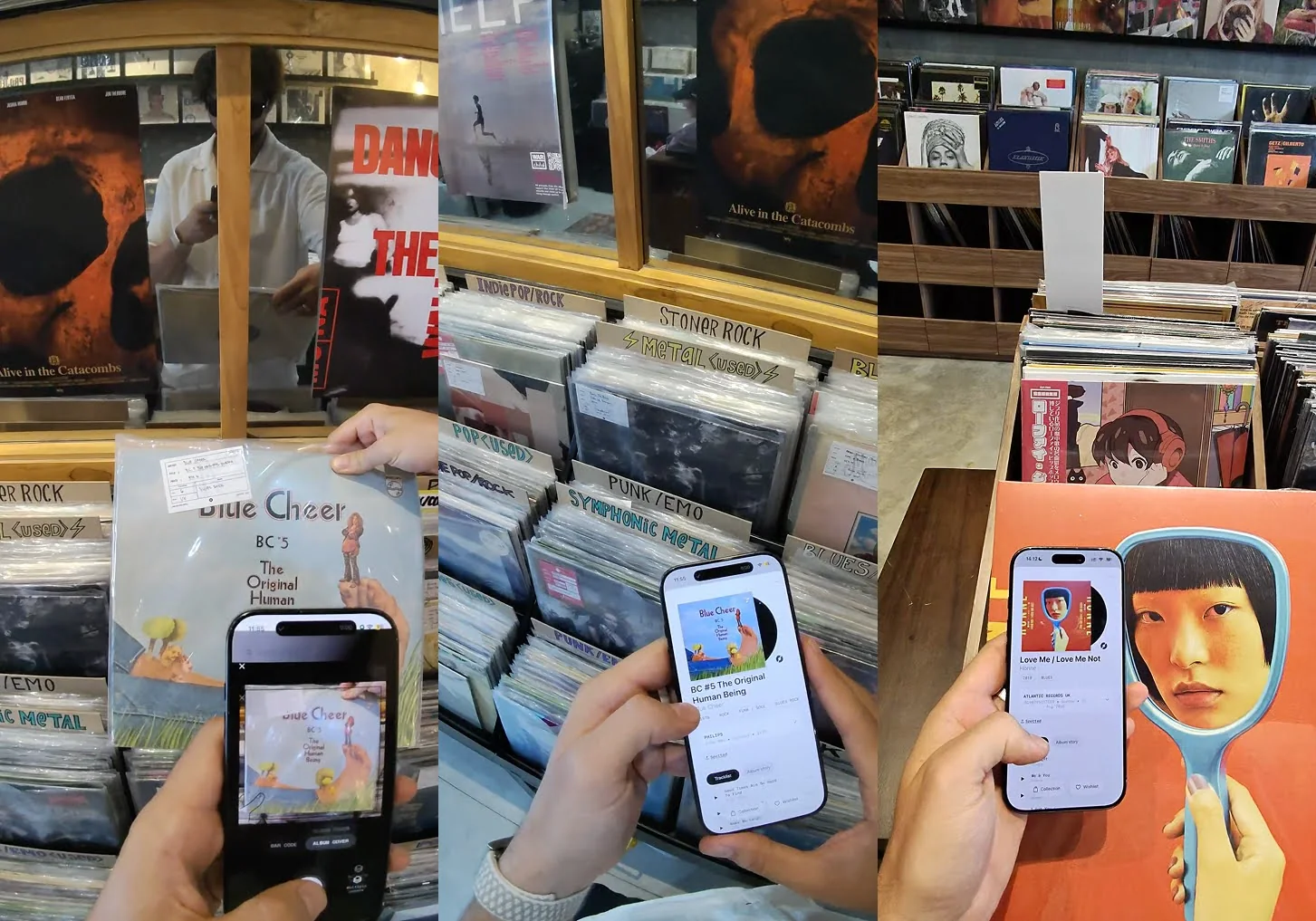 Three views of Plastic being used with records in shops