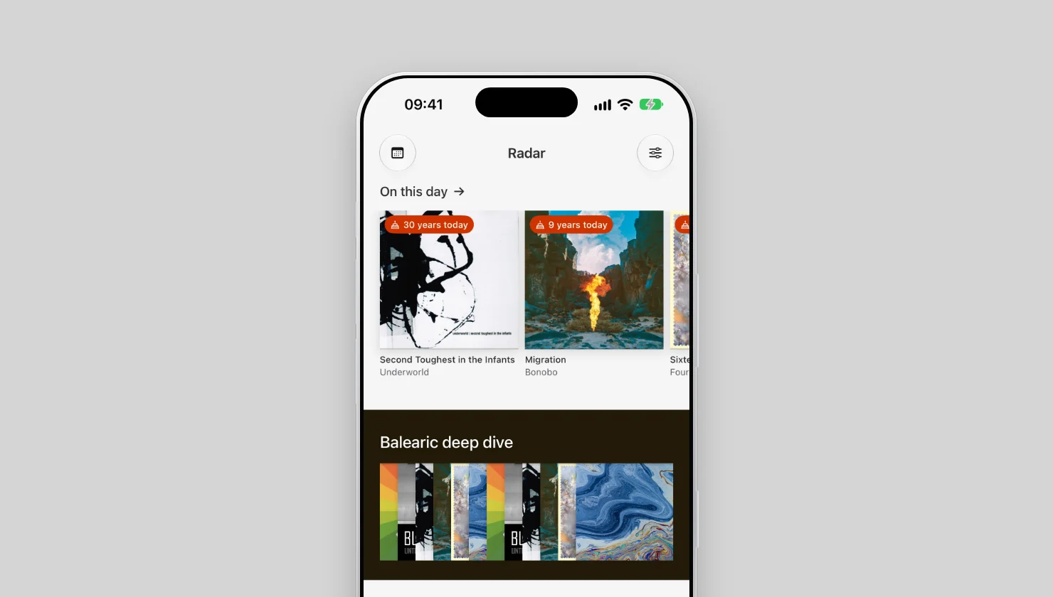 Plastic's Radar on iPhone with On this day at the top: Underworld's Second Toughest in the Infants, 30 years today, and Bonobo's Migration, 9 years today.