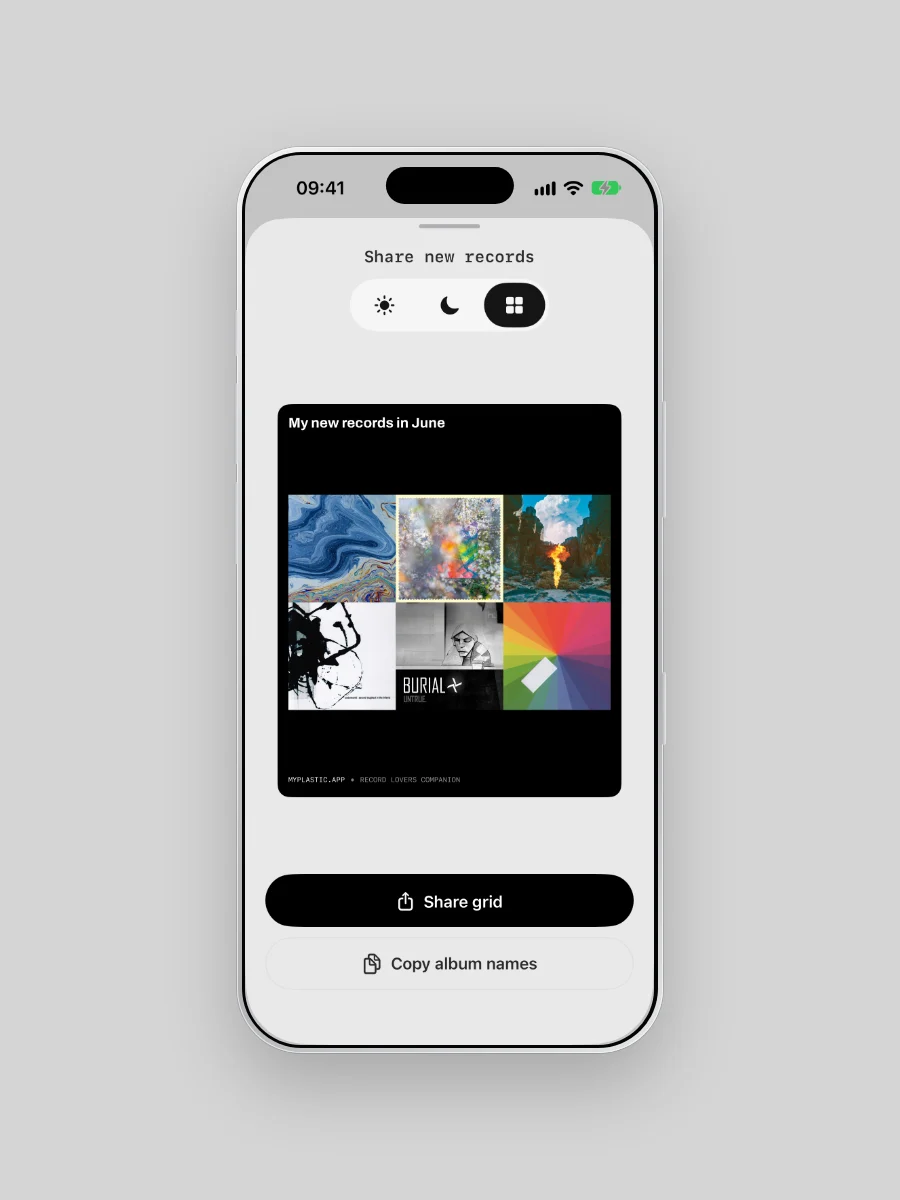 Plastic's Share new records screen on iPhone with the grid selected: My new records in June, six album covers, a Share grid button and Copy album names.
