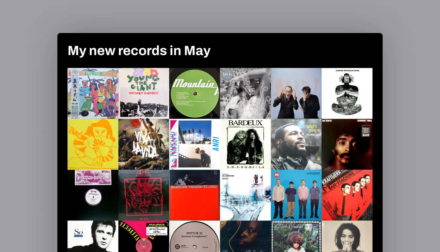 Monthly Rewind grid titled My new records in May with album covers arranged in rows