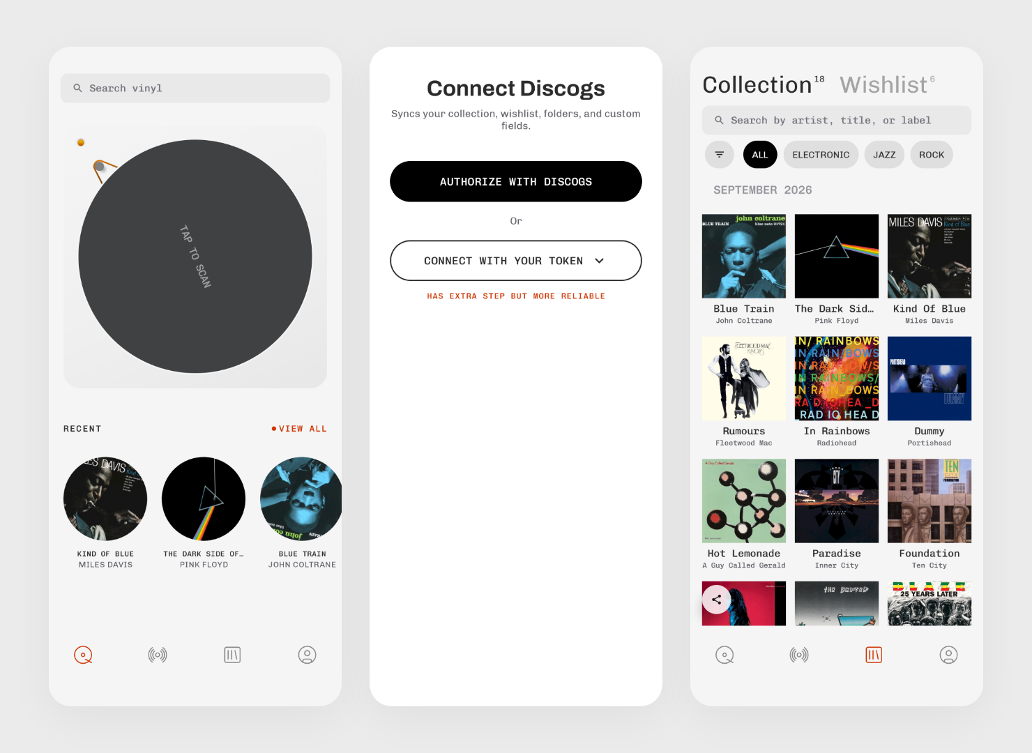 Plastic for Android showing Search, Connect Discogs and the imported collection
