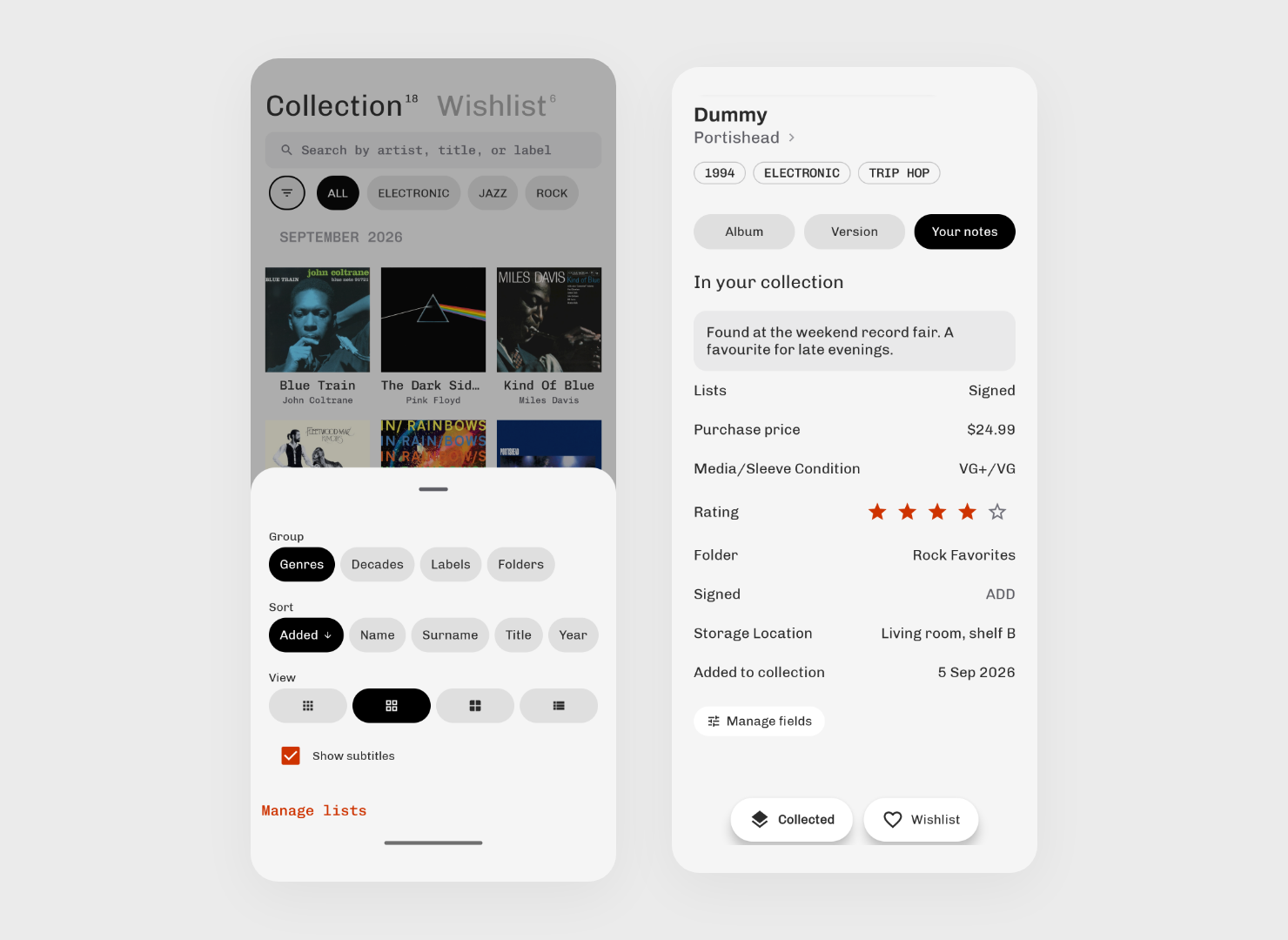 Android collection grouping and sorting controls beside notes, price and condition fields for Dummy