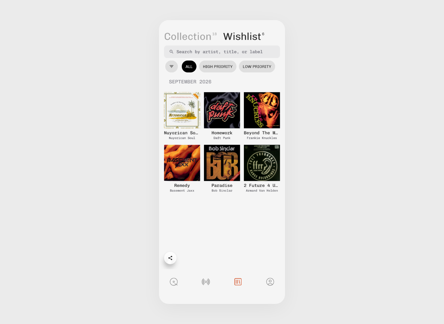 Plastic for Android showing a wishlist with albums by Daft Punk, Frankie Knuckles and Basement Jaxx