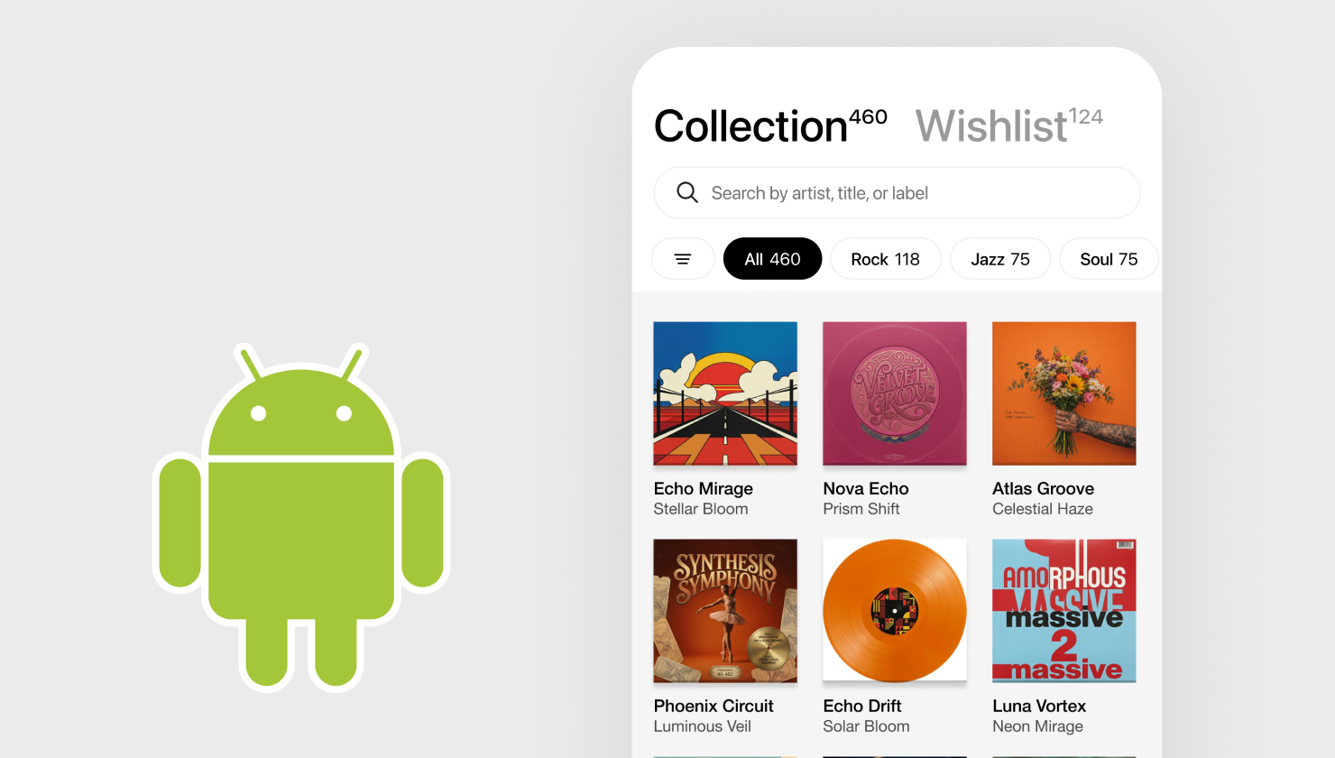 Android mascot beside Plastic's vinyl and CD collection view